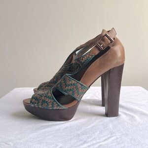 Elliott Lucca green and brown leather woven stacked heels